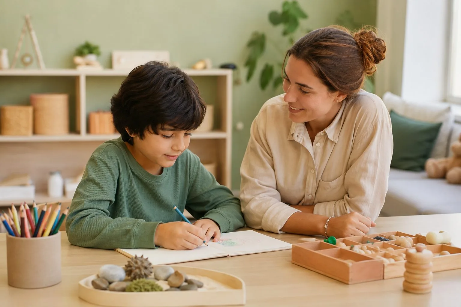 A clinician working one-to-one with a child at a table during a playful assessment