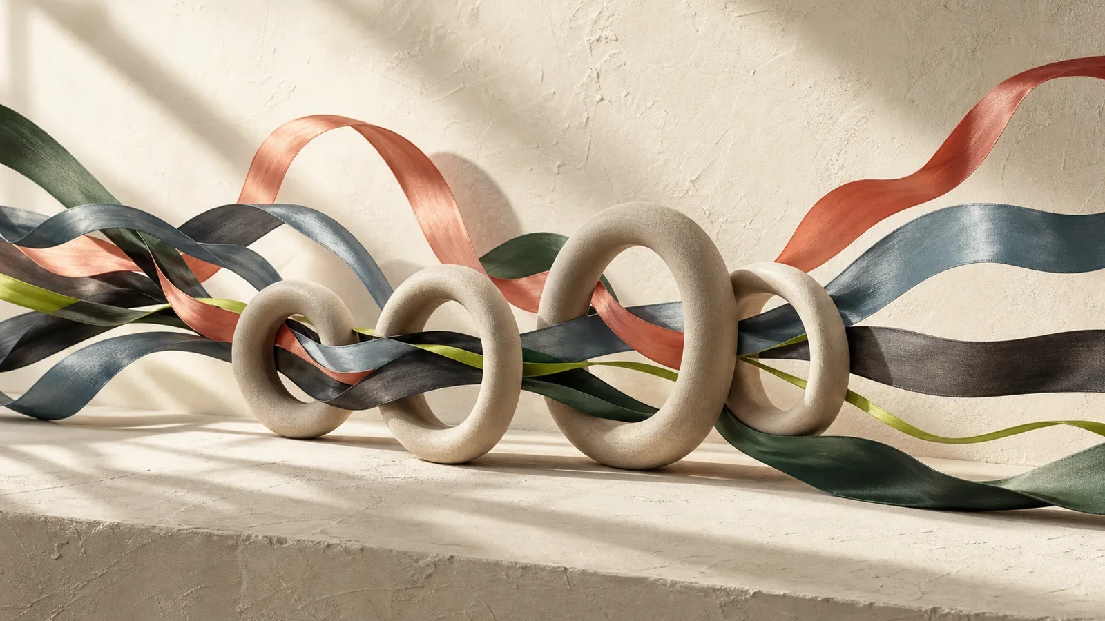 Bright ribbons flowing in and out of calm stone rings against a warm plaster wall