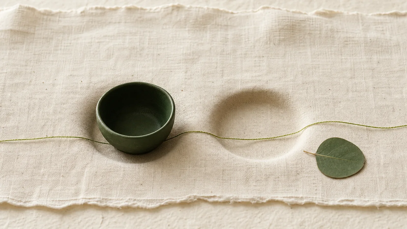 A green bowl on linen beside the soft impression where a second bowl once sat, with a single eucalyptus leaf