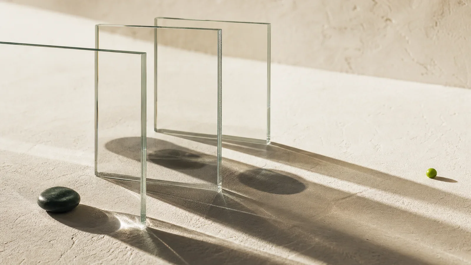 Layered panes of glass casting long, soft shadows across stone, with a dark pebble resting in the light