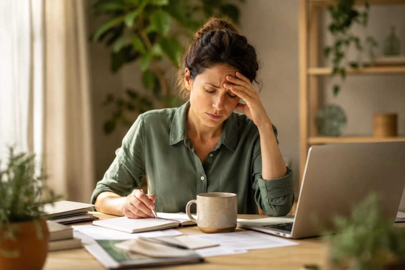 A person pausing at a cluttered desk, hand to forehead, showing the strain of burnout