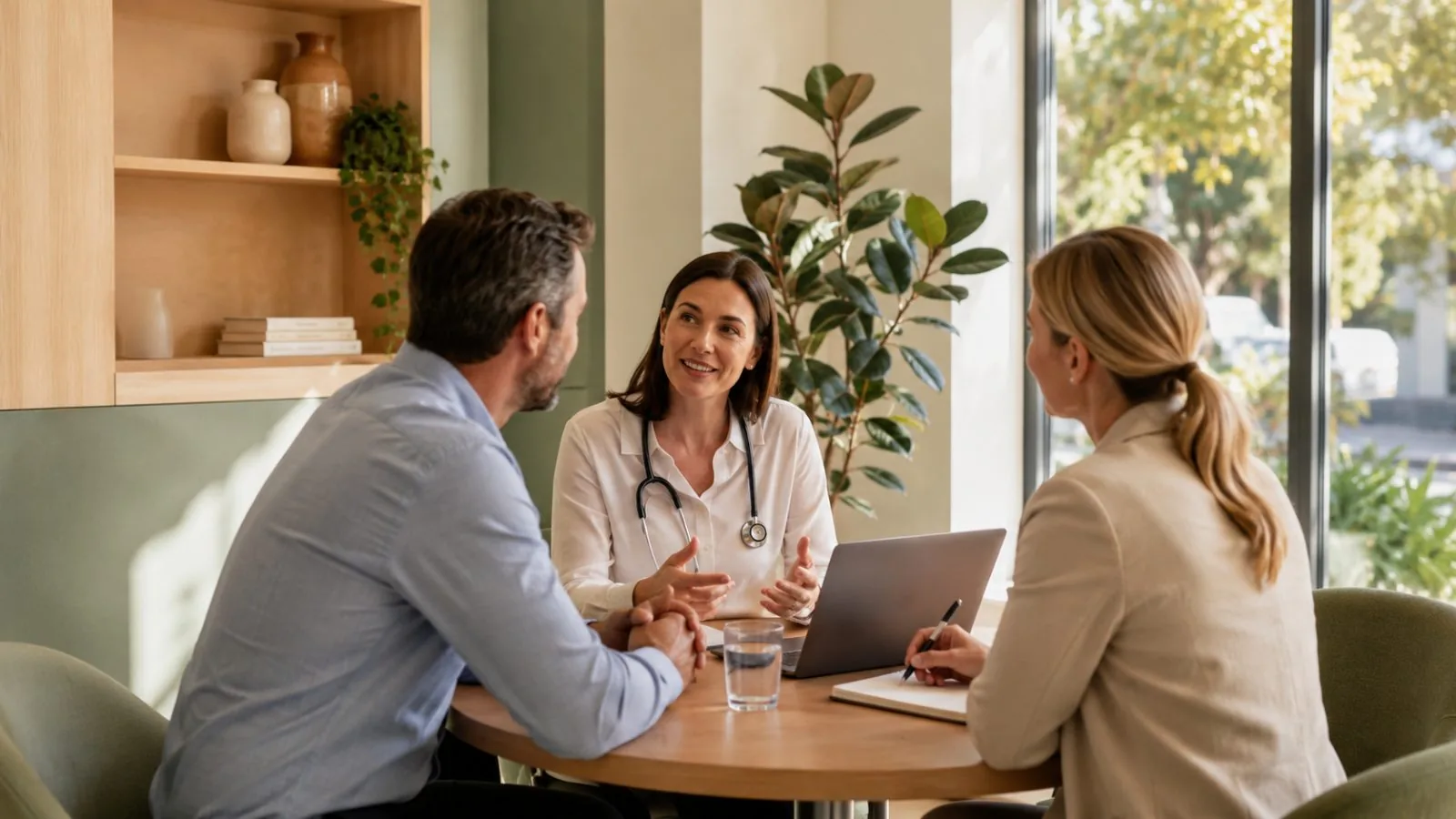 A GP and clinician discussing a client referral