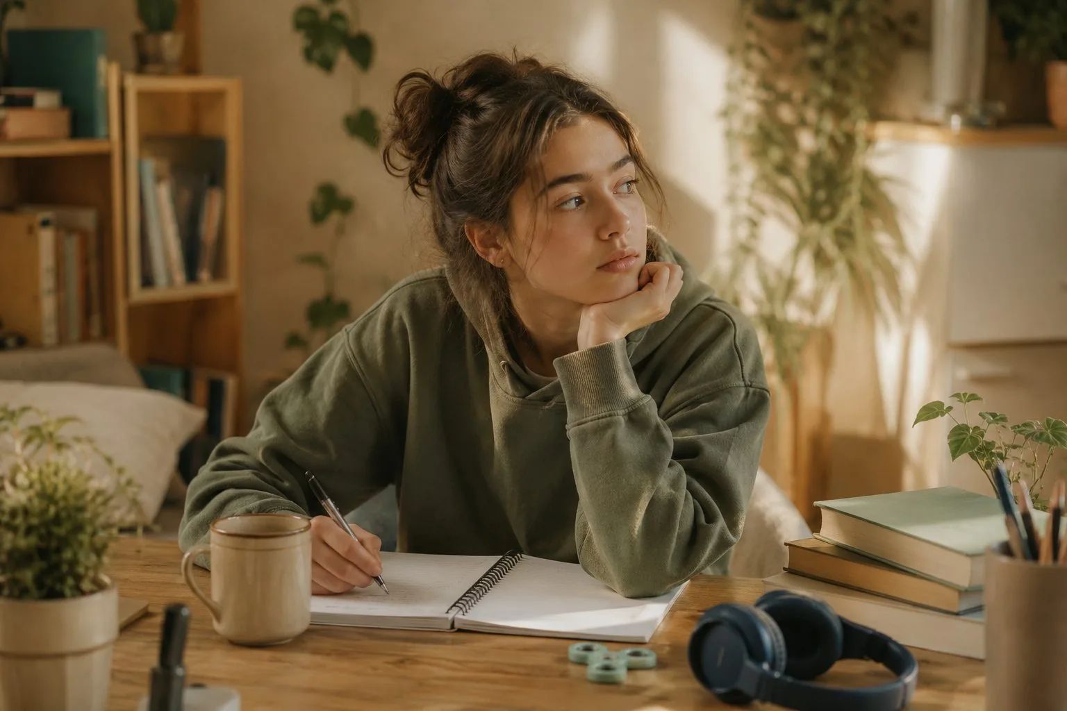 A teenager reflecting quietly at a study desk